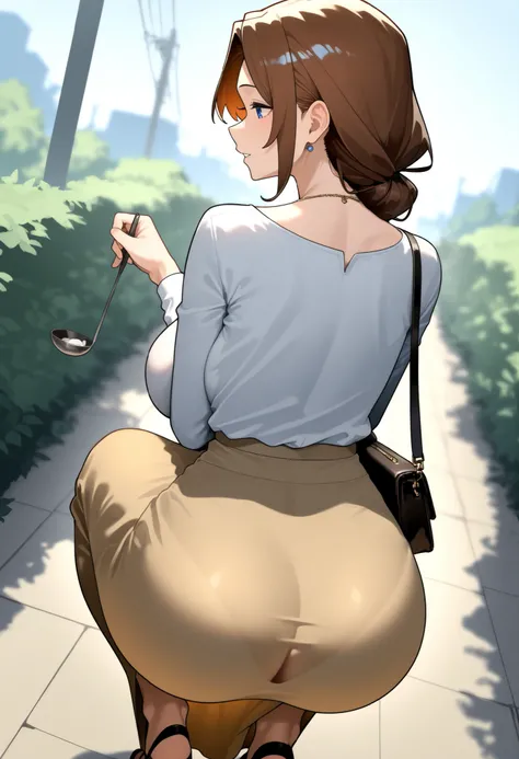 nsfw,masterpiece,Highest Quality, LATEST ANIME , Beautiful Mature Women ,safe、(angle from behind:1.2)、tight long skirt that accentuates the lines of the pants、The panty line is showing、buttocks with Ladle、(Crouch:1.5)、outdoor、handbag