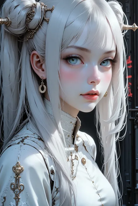 A very beautiful mature blonde femme fatale who looks like a fashion model, with very long straight thick fluffy silver hair gathered in two separate buns on top of her head and two long separate tails, split bangs, stands,((Dynamic pose:1.39)),((white lon...