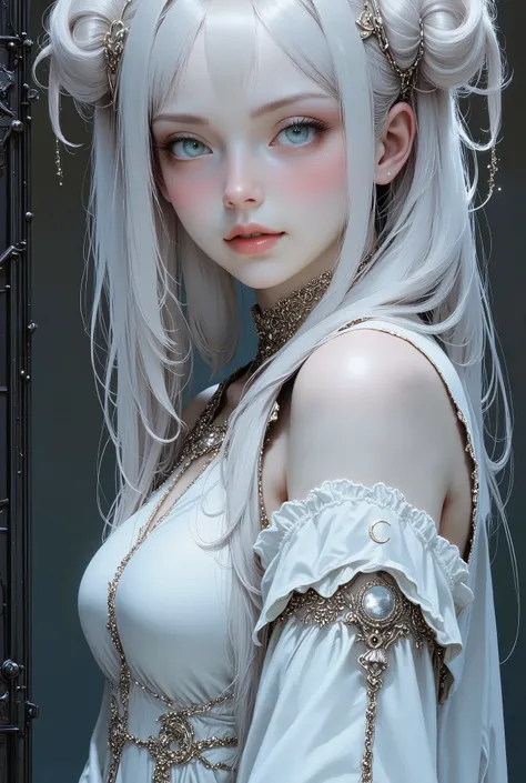 A very beautiful mature blonde femme fatale who looks like a fashion model, with very long straight thick fluffy silver hair gathered in two separate buns on top of her head and two long separate tails, split bangs, stands,((Dynamic pose:1.39)),((white lon...