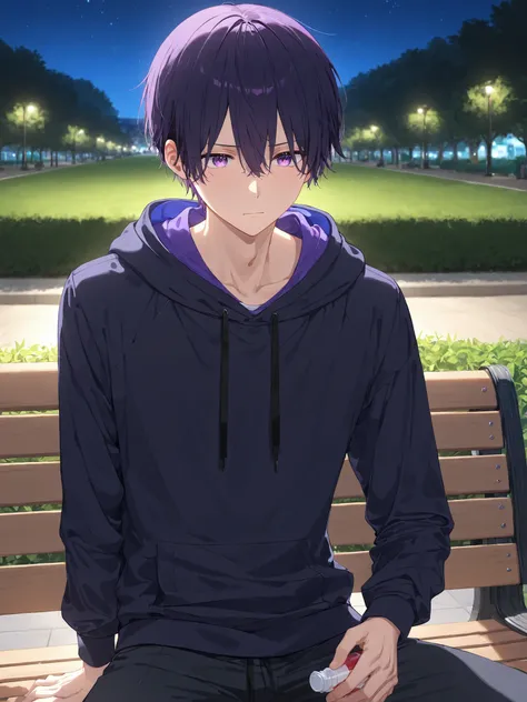 masterpiece, Highest Quality, complicated details, high resolution, anatomically correct, 1 man,
neutral face , mash short hair, black hair, jewelry, purple eyes,
slender bodies, black hoodie, jersey pants,
park bench, Taking medicine, night, Confuse...