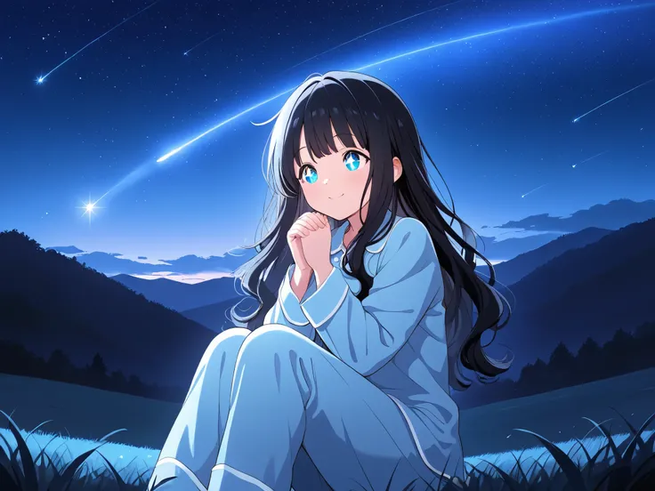 masterpiece, best quality, 1girl, , long wavy black hair, night sky, stargazing, shooting stars, sparkling eyes, hands clasped, dreamy expression, wearing light pajamas, sitting on hill, moonlight, ambient glow, peaceful atmosphere