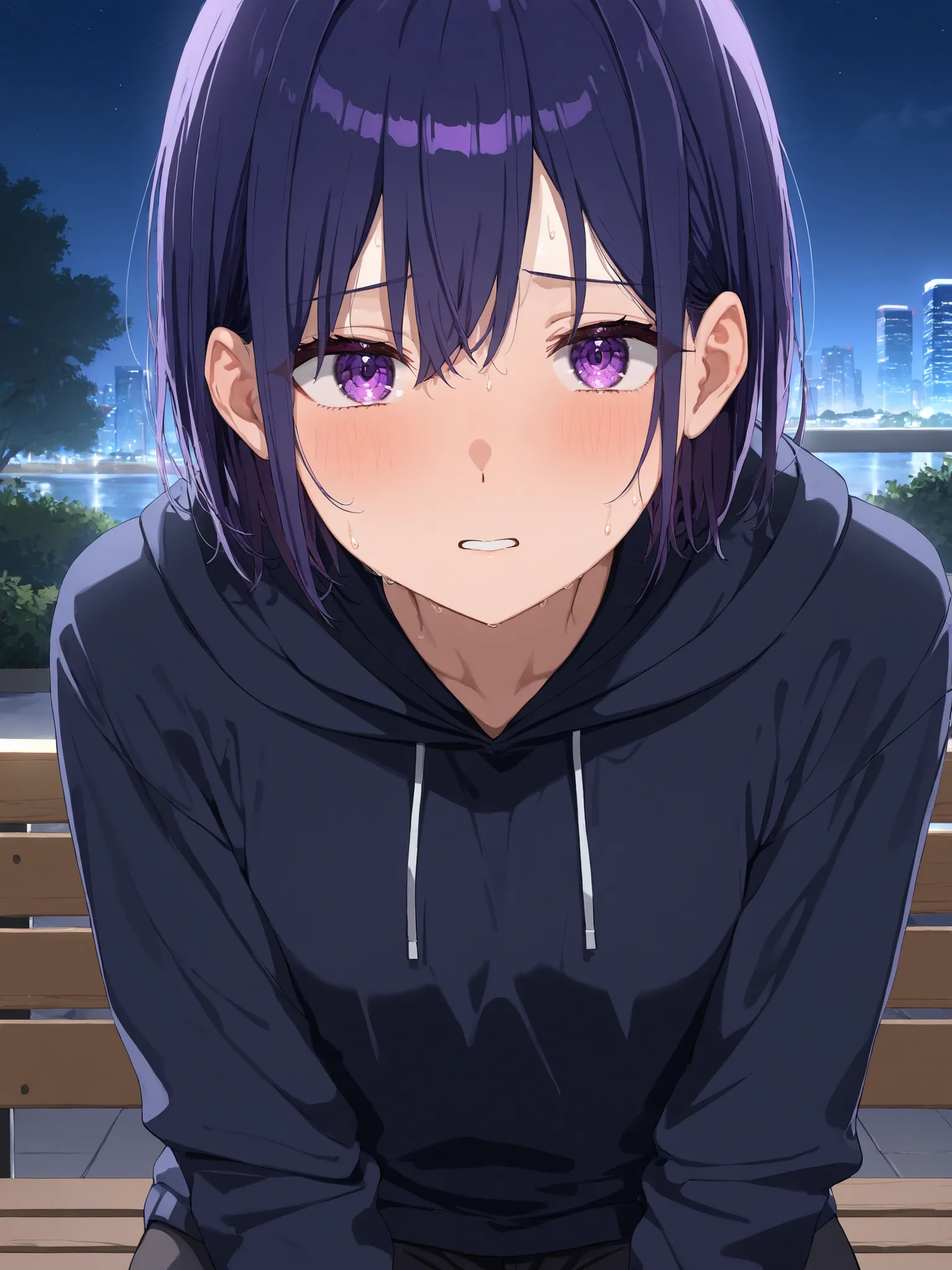 masterpiece, Highest Quality, complicated details, high resolution,
1 man,
medium hair, dark blue hair, purple eyes,
black hoodie, jersey pants,
park bench, night, surprised faces, blush, Erected Crotch,
sweat drops, oiled skin, her skin glistens ...