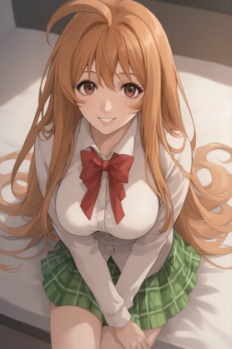 best quality,masterpiece,looking at viewer,absurdres,1girl,score_9,score_8_up,score_7_up,source_anime BREAK natsume aya,orange hair,long hair,brown eyes,ahoge,breasts,white ,skirt,bow,plaid,large breasts, plaid, green plaid skirt, smile