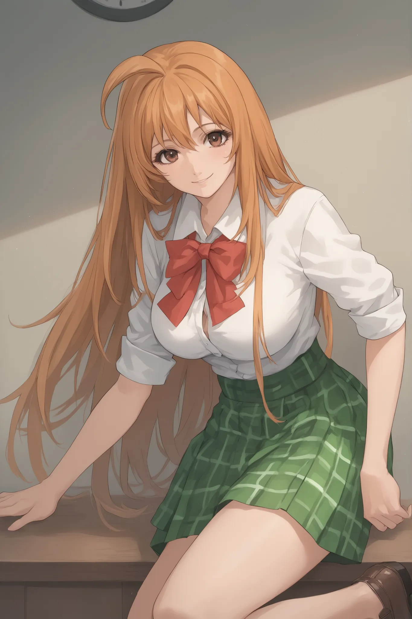 best quality,masterpiece,looking at viewer,absurdres,1girl,score_9,score_8_up,score_7_up,source_anime BREAK natsume aya,orange hair,long hair,brown eyes,ahoge,breasts,white ,skirt,bow,plaid,large breasts, plaid, green plaid skirt, smile