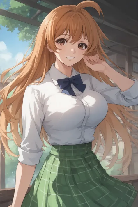 best quality,masterpiece,looking at viewer,absurdres,1girl,score_9,score_8_up,score_7_up,source_anime BREAK natsume aya,orange hair,long hair,brown eyes,ahoge,breasts,white ,skirt,bow,plaid,large breasts, plaid, green plaid skirt, smile