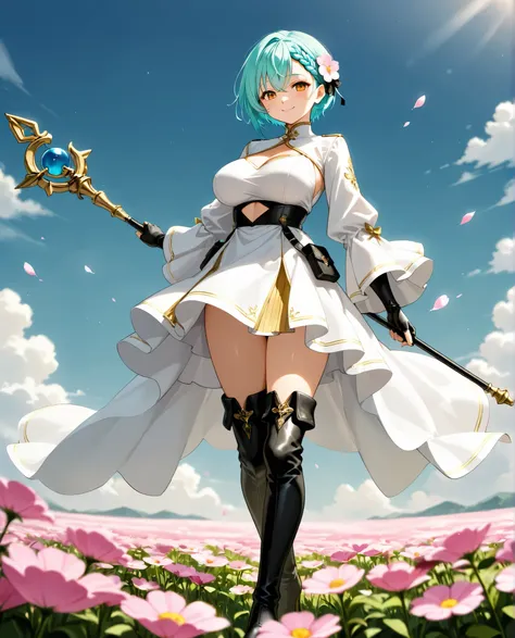 1girl, (solo:1.2), absurdres, aqua hair, short hair, braided bangs hairstyle, orange_eyes, golden_eyeshadow, large breasts, arms_at_sides black_boots black_gloves boots breasts closed_mouth clothing_cutout dress field fingerless_gloves flower flower_field...