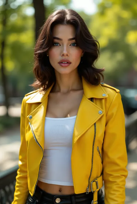 Foto hiperrealista en primer plano de arafed woman (Emma Rose), masterpiece, best quality, (photorealistic:1.4), (leather yellow cropped biker JACKET over white tank top:1.1), (leather jeans:1.2) heels, in the New York Central Park, sunny day, cinematic li...