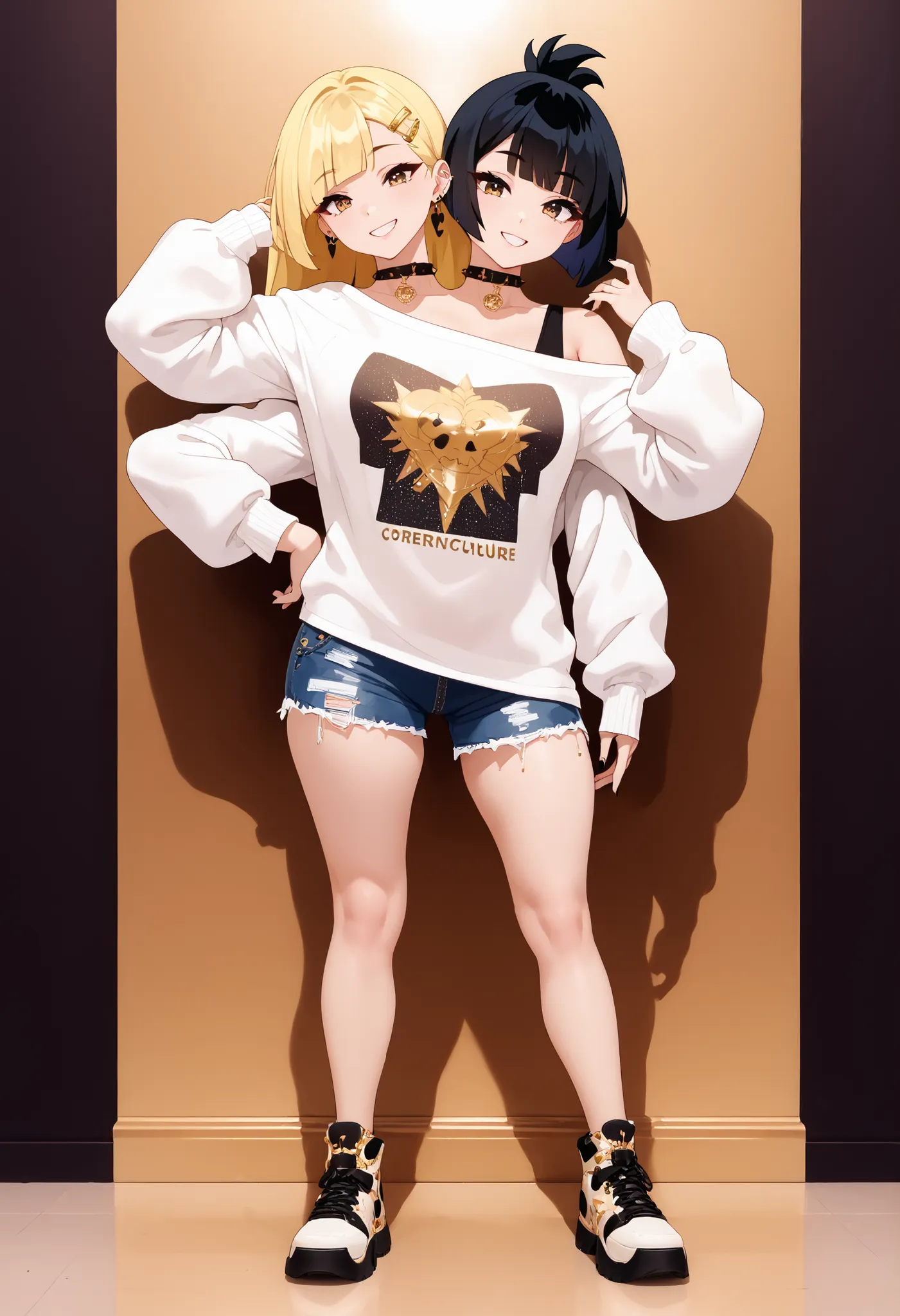 best resolution, anime woman with two heads, gold eyes, different haircolors ,blonde hair, black hair, different hair-lengths, short hair, long hair, different hairstyles, spiky hair, straight hair, hair down, oversized white sweater, baggy sleeves, one...