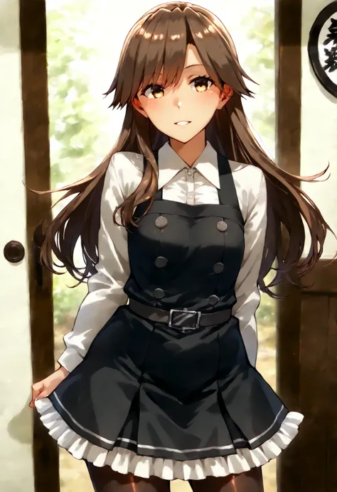 Arashio (KANCOLLE), arashioKC, long hair, pinafore dress, frilled dress, shirt, long sleeves, pantyhose,brown hair, side swept bangs, messy bangs,black dress, ,
スコア_9, スコア_8_Excellent, スコア_7_Excellent, ソース_أنيمي, break 1人の少女 , أنيمي style, 
細身の体, 赤面, 厭らしい笑...