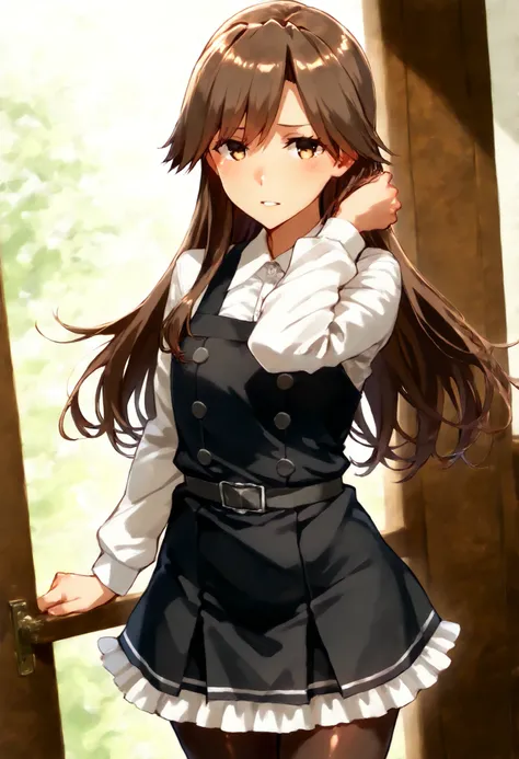 Arashio (KANCOLLE), arashioKC, long hair, pinafore dress, frilled dress, shirt, long sleeves, pantyhose,brown hair, side swept bangs, messy bangs,black dress, ,
スコア_9, スコア_8_Excellent, スコア_7_Excellent, ソース_أنيمي, break 1人の少女 , أنيمي style, 
細身の体, 赤面, 厭らしい笑...