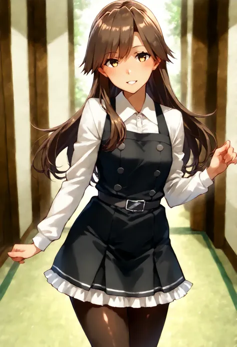 Arashio (KANCOLLE), arashioKC, long hair, pinafore dress, frilled dress, shirt, long sleeves, pantyhose,brown hair, side swept bangs, messy bangs,black dress, ,
スコア_9, スコア_8_Excellent, スコア_7_Excellent, ソース_أنيمي, break 1人の少女 , أنيمي style, 
細身の体, 赤面, 厭らしい笑...