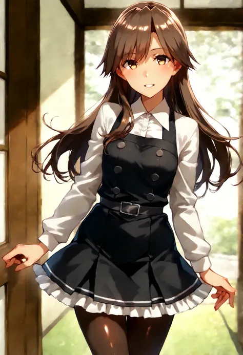 Arashio (KANCOLLE), arashioKC, long hair, pinafore dress, frilled dress, shirt, long sleeves, pantyhose,brown hair, side swept bangs, messy bangs,black dress, ,
スコア_9, スコア_8_Excellent, スコア_7_Excellent, ソース_أنيمي, break 1人の少女 , أنيمي style, 
細身の体, 赤面, 厭らしい笑...