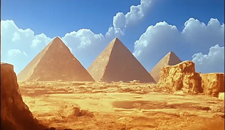 1950s,Giza pyramids, low angle, golden desert, three large pyramids, two ruined pyramids, clear blue sky, white clouds, strong sunlight, dramatic shadows, historic atmosphere.