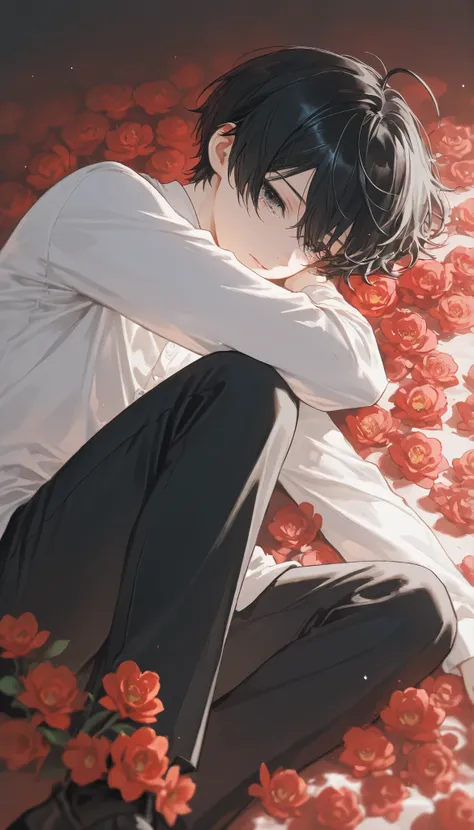 (1 boy with short black hair:1.4),Red flowers lie in many coffins、 white shirt、black pants、moonlight、tears