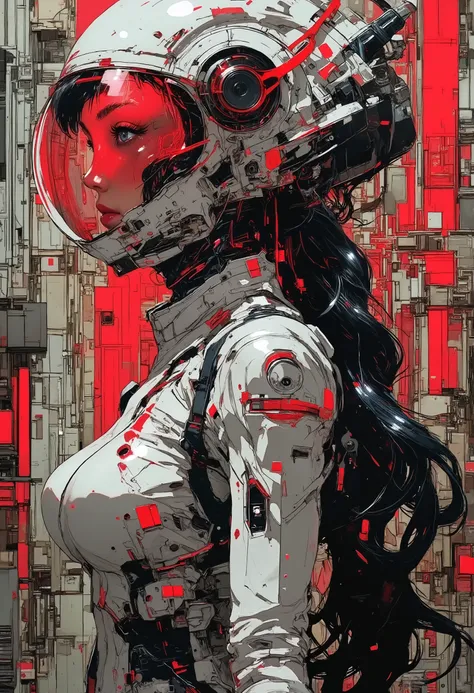 nistyle , Silhouette Art, magnificent, closeup portrait of asian female cyberpunk samurai, helmet with mirrored visor, hyperdetailed helmet, flowing black hair, reflective white and neon red armor, a katana strapped to her back, abstract background suggest...