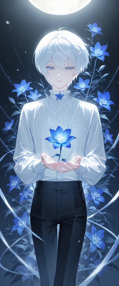 (1 boy with white hair short cut:1.4),Blue flowers lie in many coffins、 white shirt、black pants、moonlight、tears
