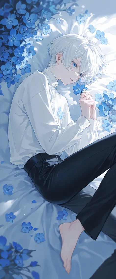 (1 boy with white hair short cut:1.4),((Blue flowers lie in many coffins))、 white shirt、black pants、moonlight、tears