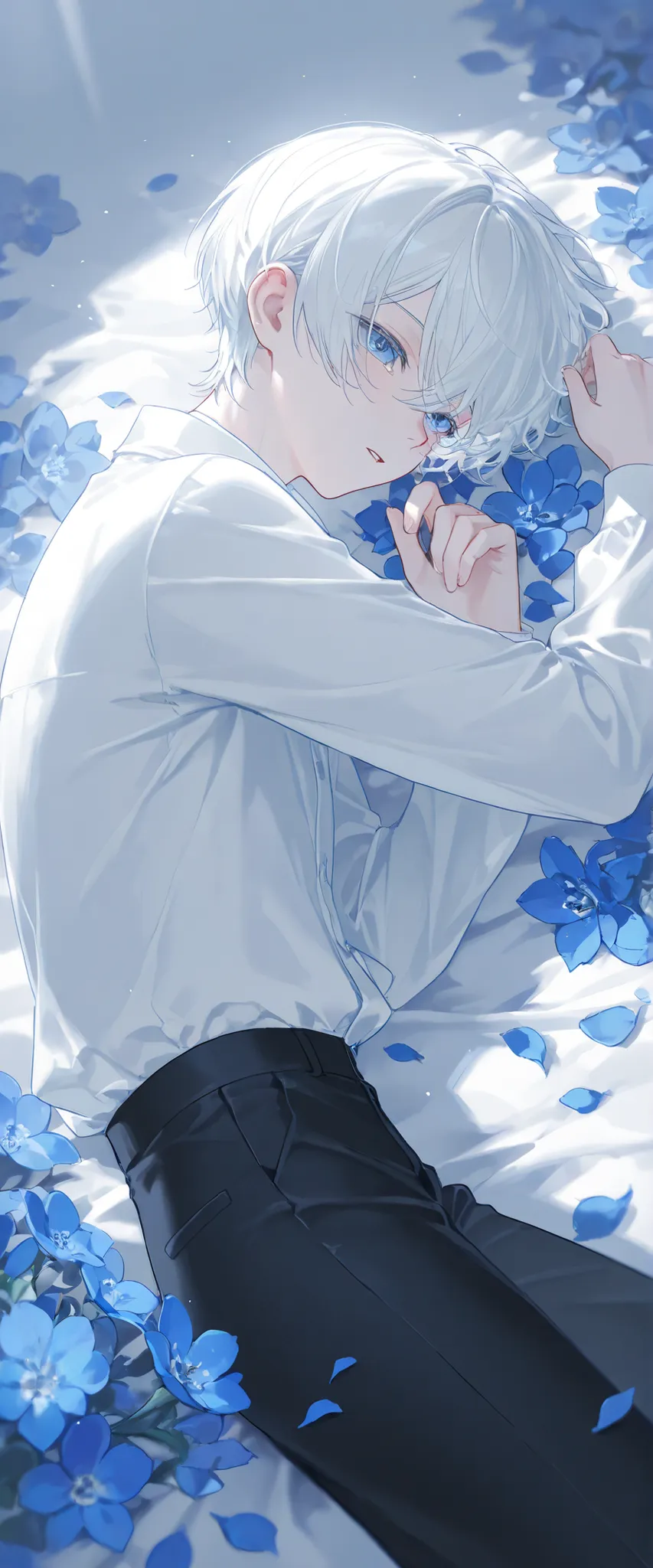 (1 boy with white hair short cut:1.4),((Blue flowers lie in many coffins))、 white shirt、black pants、moonlight、tears