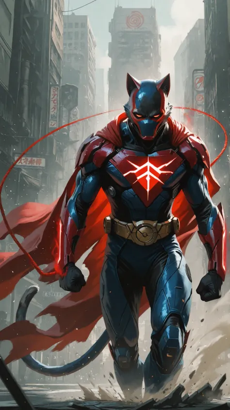 A confident Cat of Steel walks slowly forward on a city street, red cape trailing behind in the wind. It wears a tight blue superhero outfit with the iconic red “S” on the chest. Its feline eyes shine with quiet power, and each step causes subtle cracks on...