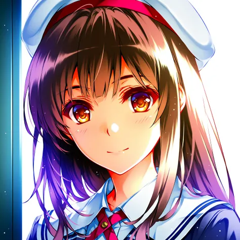 Kato Megumi (Saekano), short brown hair, straight bangs, amber eyes, white beret, school uniform, gentle smile, anime style, light novel illustration, Kurehito Misaki style, soft shadows, high contrast, cool tone, detailed hair rendering, glossy eyes, back...