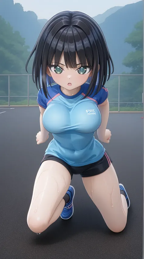 ((PVC:1.5))、masterpiece、Highest Quality、(beautiful running clothes for exercising on the ground:1.8)、( beautiful taut breasts:1.8)、rough breathing、a lot of sweat、beautiful hair、detailed beautiful face、Beautiful Shadows、and open your mouth、(1 girl)、blushes、...
