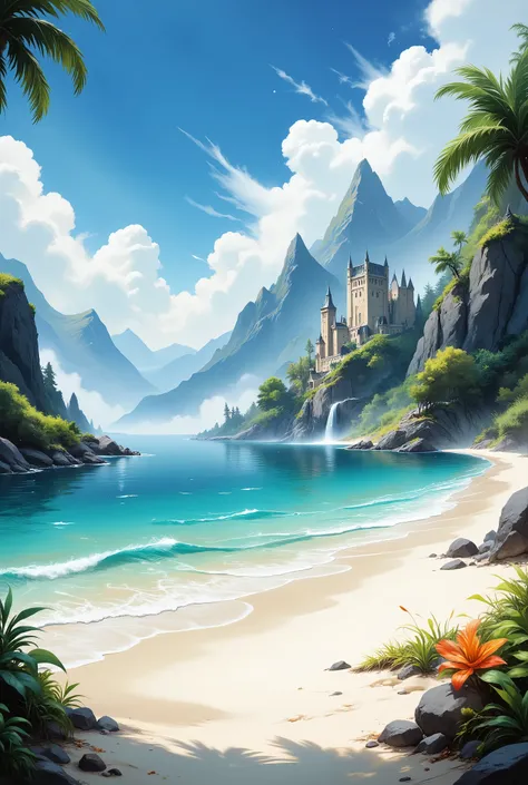 Masterpiece , in detail, summer, white sand beach, in the background turquoise frothy sea, blue sky in the distance, in the misty haze of the mountain horizon and a castle in the mountains. white clouds. 8 k