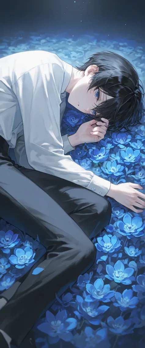 (1 boy with short black hair:1.4),((Blue flowers lie in many coffins))、 white shirt、black pants、moonlight、tears