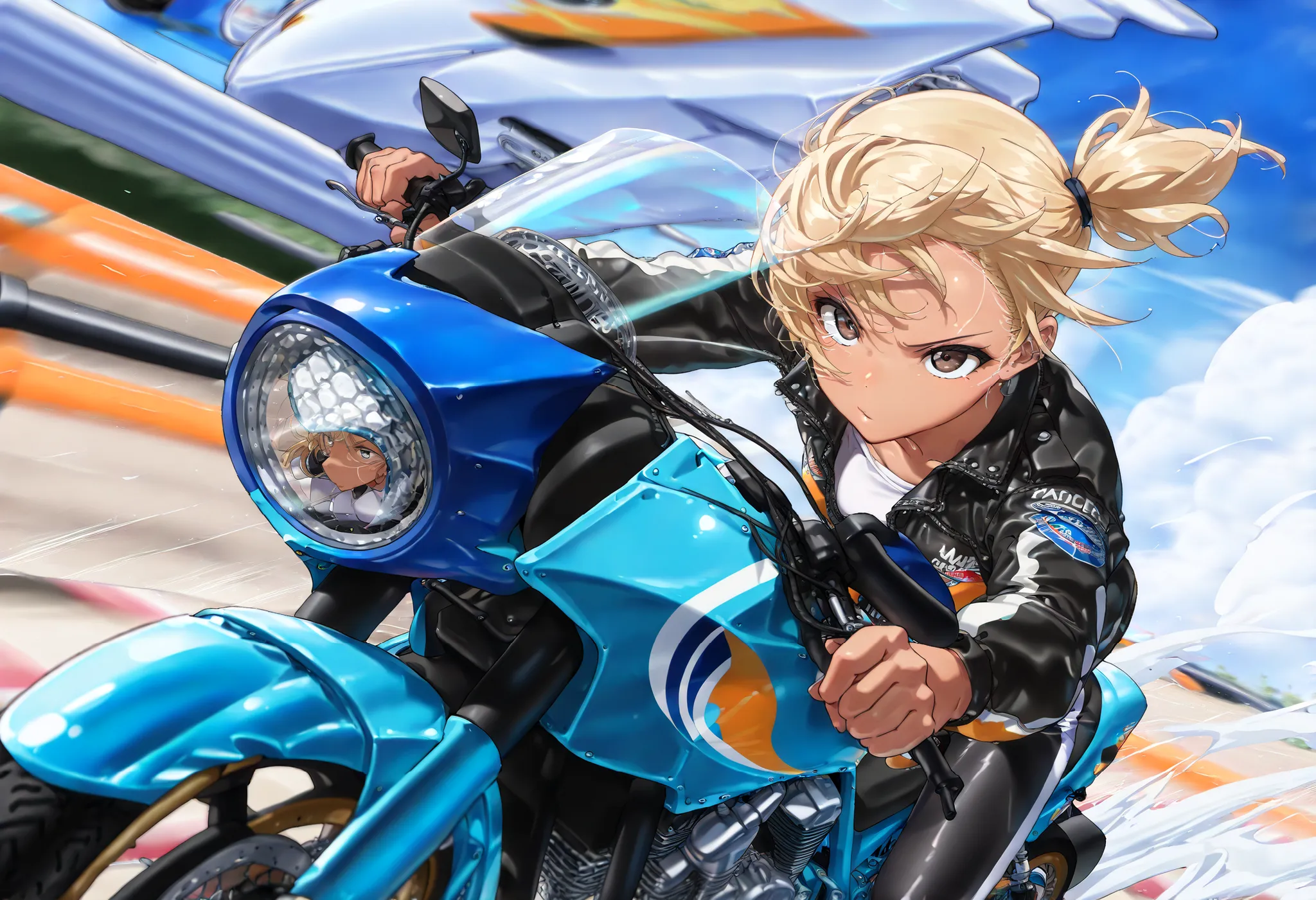 (((Best quality, 8k, Masterpiece: 1.3)), ((best quality)), ((masterpiece)), (detailed), Japanese gal, blonde, side ponytail, tanned skin, Motorcycle rider, shiny riders jacket, A gal driving a motorcycle, a sense of speed, Hair blowing in the wind, no helm...