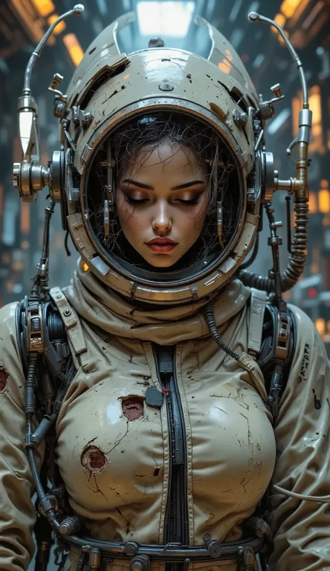 A detailed, damaged spacesuit of an astronaut experiencing shock. The figure of an astronaut in profile, a battered spacesuit, muted beige and yellow tones. A visually battered, cracked darkened, closed mirrored visor reflecting the cosmic landscape. The...