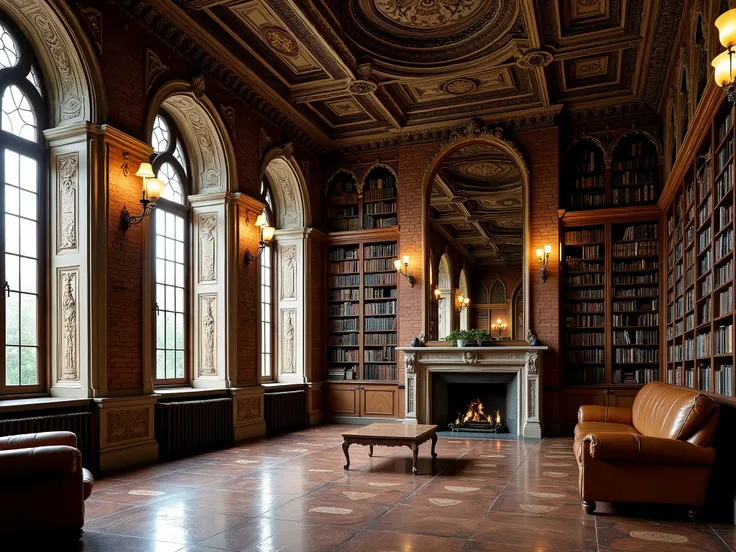 A large room, with 2 large windows style (Gothic architecture) on the brick wall on one side, el resto de las paredes son shelves full of books e inciclopedias, shelves full of books, fine brown tiled floors, high ceiling with ornamental moldings, lamps h...