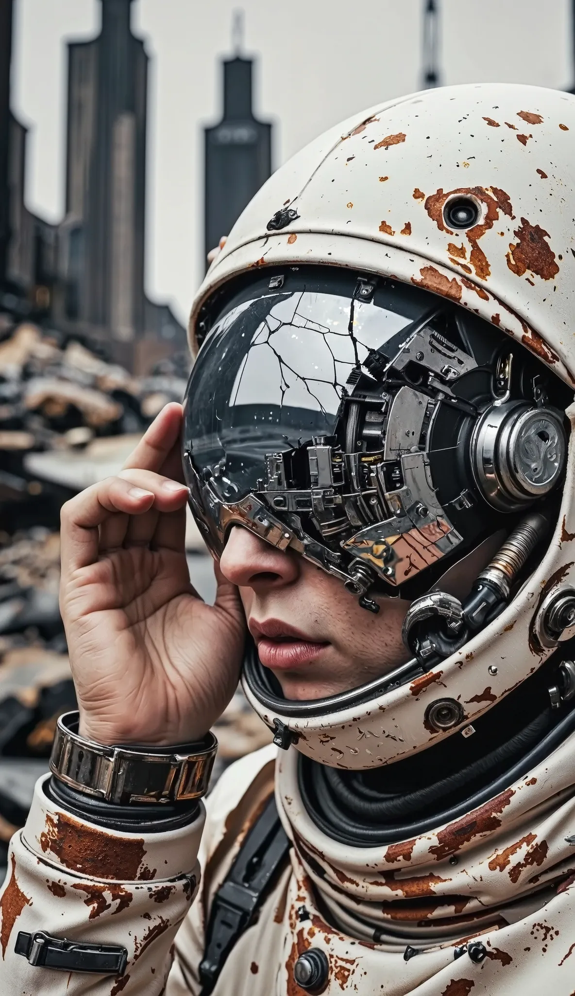 A detailed, damaged spacesuit of an astronaut experiencing shock.  The figure of an astronaut in profile, a battered spacesuit, muted beige and yellow tones.  A visually battered, cracked darkened, closed mirrored visor reflecting the cosmic landscape. The...