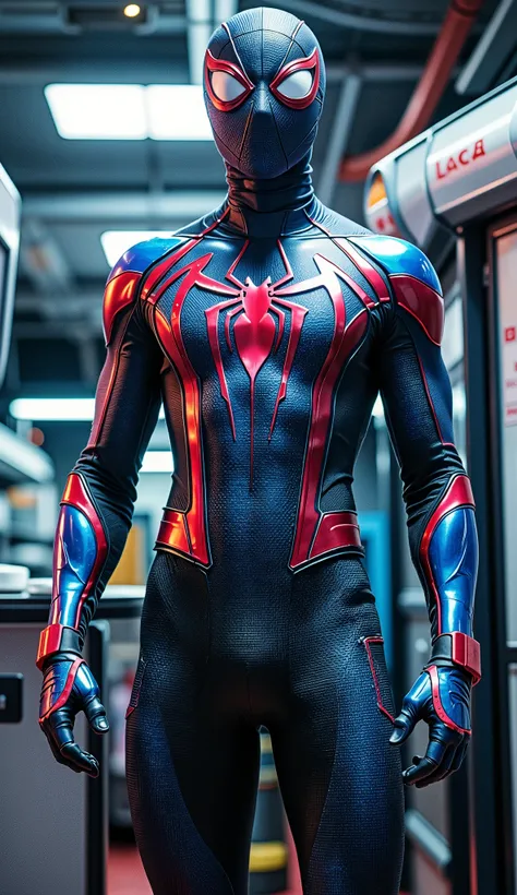 "Low-angle full-body shot of Spider-Man in iridescent cyber armor with color-shifting plating and shimmering reflective surfaces, modern tight-fitting Spider-Man mask. No hood, no cape, no helmet, no robe. Face and head clearly visible, fully uncovered. Fu...