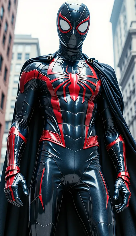 "Low-angle full-body shot of Spider-Man in liquid metal armor, reflective mercury-like surface with rippling cybernetic effects, wearing a tight modern Spider-Man mask. No hood, no cape, no helmet, no robe. Head and face completely uncovered and visible. S...