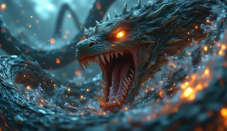 CLOSE-UP SEA SNAKE ROARING WITH YELLOW EYES AND BIG FANGS IN THE SEA WITH WAVES SPARKS AND FIRE