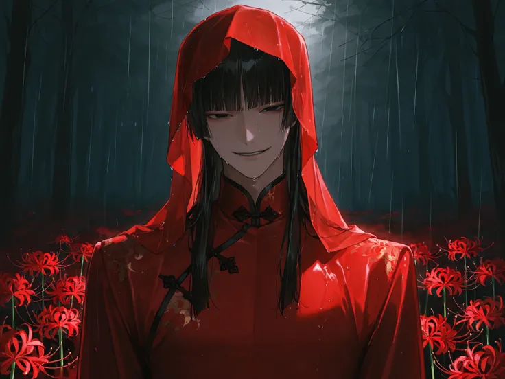 1 Male, Solo, Young, Oriental, Black and Red Changpao, Long Black Hair, Blunt Bangs, Hime Cut Hair, Black Eyes, Mature Atmosphere, Masculine Atmosphere, Half-closed Eyes, Hollow Eyes, Sly Smile, Wet, Very Handsome Atmosphere, Dark Atmosphere, Shadow, Red V...