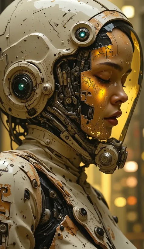A detailed, damaged spacesuit of an astronaut experiencing shock. The figure of an astronaut in profile, a battered spacesuit, muted beige and yellow tones. A visually battered, cracked darkened, closed mirrored visor reflecting the cosmic landscape. The f...