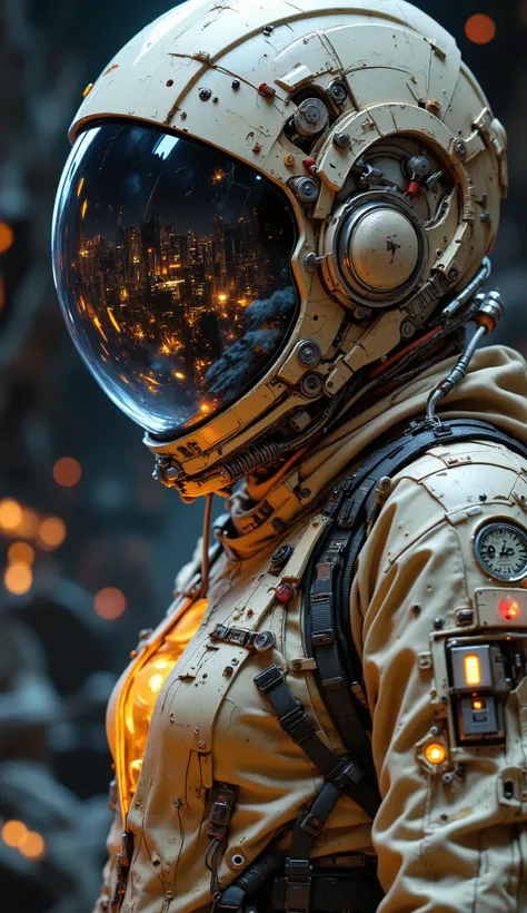 8k, masterpiece, high quality, close-up, helmet, jacket, wires, printed circuit boards, devices, bright attachments, glove, mechanical, robotics, city, night, lights, urban, cyberpunk, futuristic, dark, mysterious, technological, detailed, complex.A detail...
