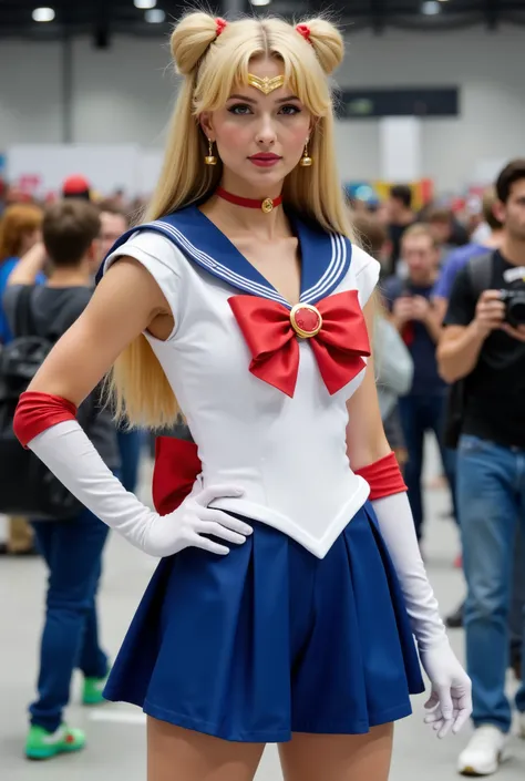 Create an ultra-realistic photograph of a beautiful, fair-skinned 20-year-old girl. She has very long, straight blonde hair styled in two buns and very long twin tails. She is wearing a Sailormoon costume with hairaccesoires, posing in a full-body shot whi...