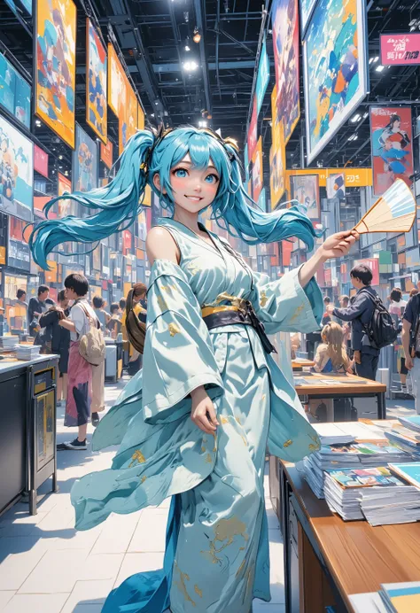 Modern Japanese anime convention indoor scene, vibrant spacious exhibition hall filled with doujinshi booths and anime merchandise stalls, cosplayer gathering area with various costumed attendees, electronic game demo zone and stage performance area visibl...