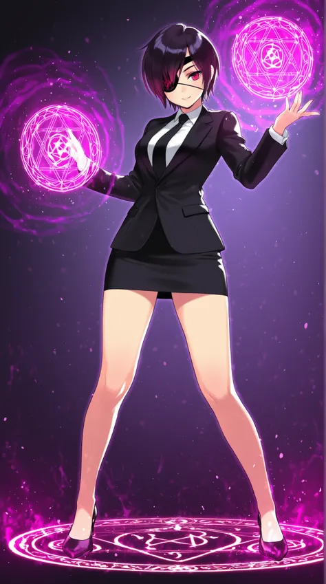 female, single eye patch, Black Formal , Glamorous short hair, modern, A magic circle that shines under your feet, magic effect,