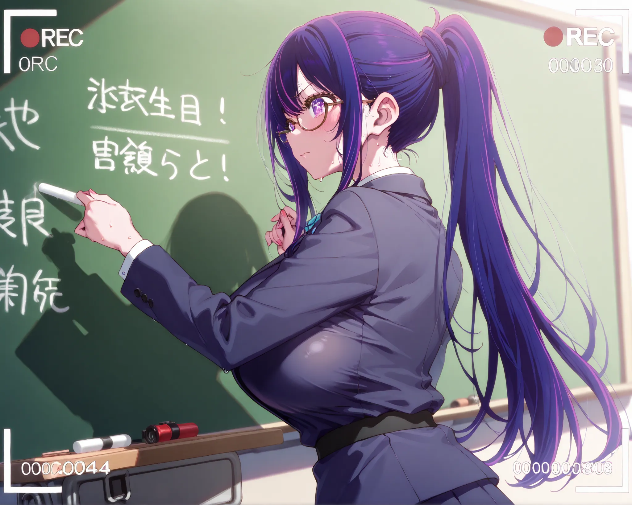 ​masterpiece、ighly detailed、1 girl 、hyper  breasts、purple color  hair、ponytail hair、skirt suit、recording、clothes 、holding chalk、semi-rimless eyewear、classroom、、(sweat )、8K、hoshino ai、
