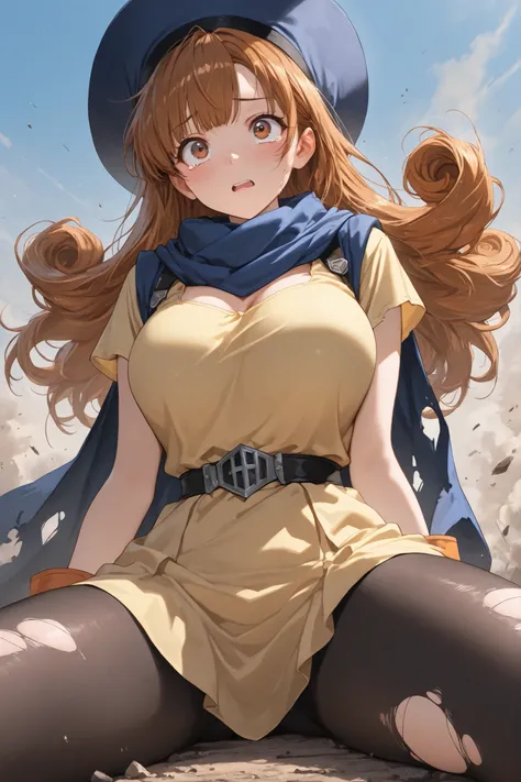 (masterpiece, best quality:1.2), high resolution, highly detailed, 
1girl, solo, alena, very cute face, cute girl, brown eyes, brown hair, long curly hair,  large breasts, 
torn yellow dress, damaged clothes, ripped cape, gloves, blue scarf, blue hat, torn...