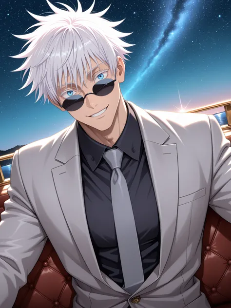 (masterpiece, best quality), amazing quality, very aesthetic, absurdres, highres, newest, HDR, 8K, anime style, cinematic, professional lighting, backlighting, dynamic angle, 1man,adult, male focus, smile, gojou satoru, jujutsu kaisen, blue eyes, colored e...