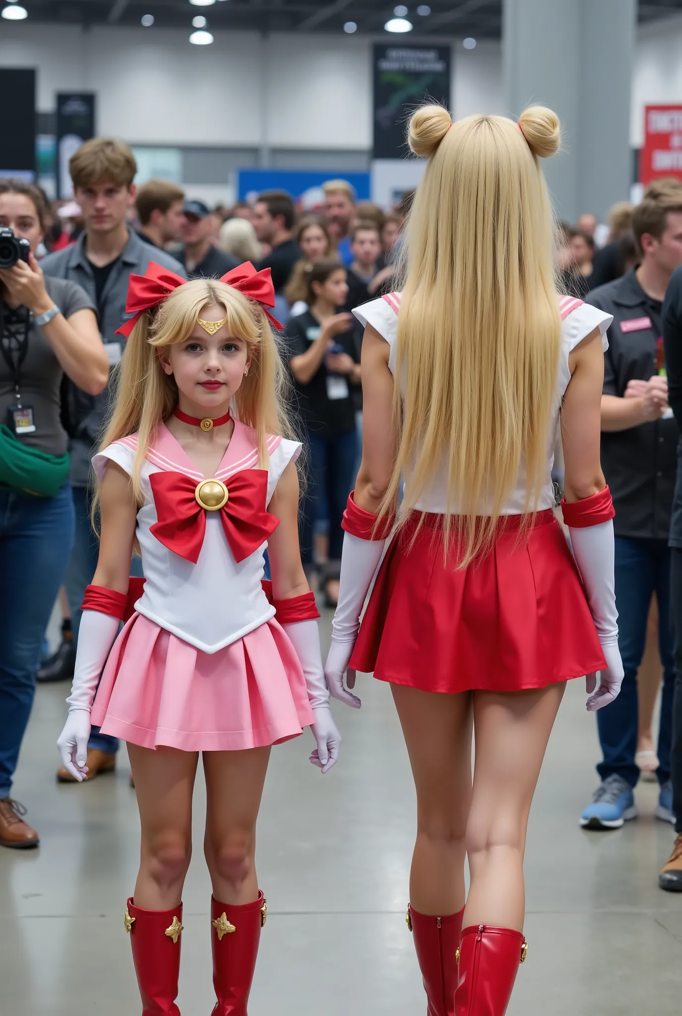 Create a realistic photograph of two girls: a beautiful, fair-skinned 20-year-old woman and an adorable fair-skinned young girl. The woman has very long, straight blonde hair styled in two buns and extremely long twin tails. They are both wearing Sailormoo...