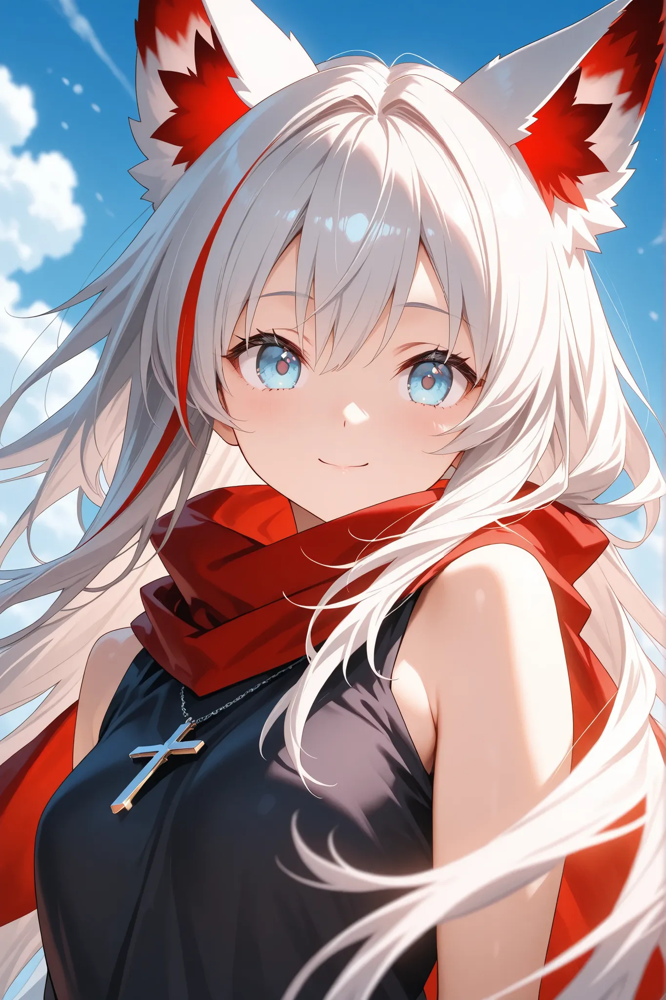 ultra-detailed,8K,illustration,CG,1 cute girl, silver hair, light blue eyes , fox ears ,,cross pendant
,(:1.3Red Streak Hair),Red Streak Hair
