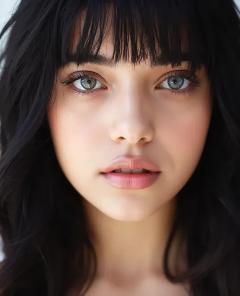 1M4N  , face close up  ((Extremely realistic)), ( super real), generate a highly realistic image, white backdrop,,- 、black long hair, I'm hiding my forehead with bangs,blue eyes,Long False Eyelashes,Thick lips,Clear eyeliner、 Open the center of your lips、e...