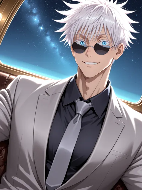 (masterpiece, best quality), amazing quality, very aesthetic, absurdres, highres, newest, HDR, 8K, anime style, cinematic, professional lighting, backlighting, dynamic angle, 1man,adult, male focus, smile, gojou satoru, jujutsu kaisen, blue eyes, colored e...
