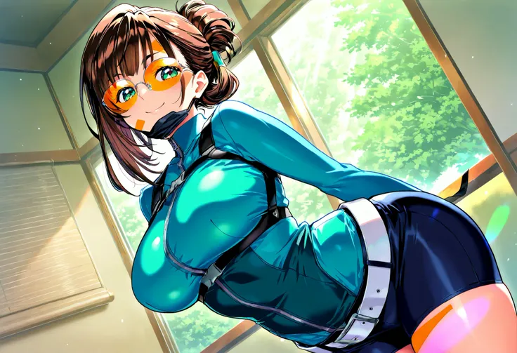masterpiece, 最高quality, newest, high resolution, 1 girl, Yokota Mamoru Style,Line of Motion,very straight nose, slim,Narrow Face,perfect nose,Staring at the Viewer,charming smile、顔up 茶髪, green eyes,Big Breasts, slim、黒いレースの下着を着ている 折りかえったポニーテール score_9, sco...