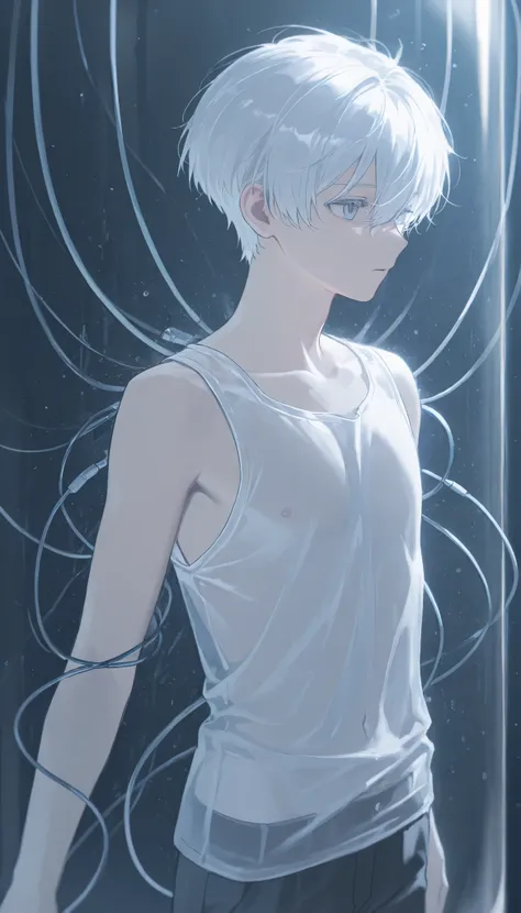 (1 boy with white hair short cut:1.4),((There is a boy in a large transparent tank))、lots of cables are connected
