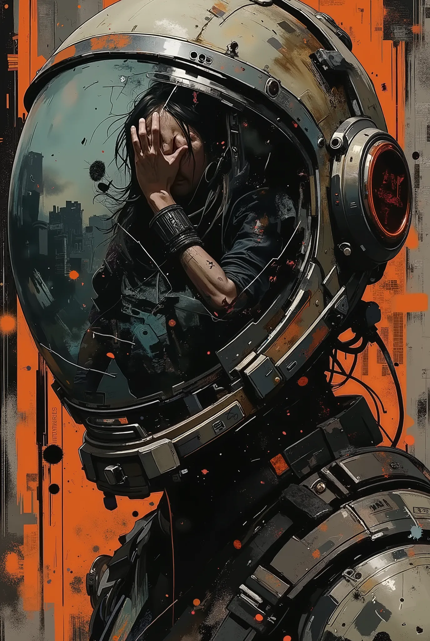 Detailed stylized digital art depicting an astronaut in the highest degree of despair. Hunched back, lowered head, trying to cover his face with his hand, touching the mirrored, opaque protective glass of the helmet, covered with cracks and dust. A damage...